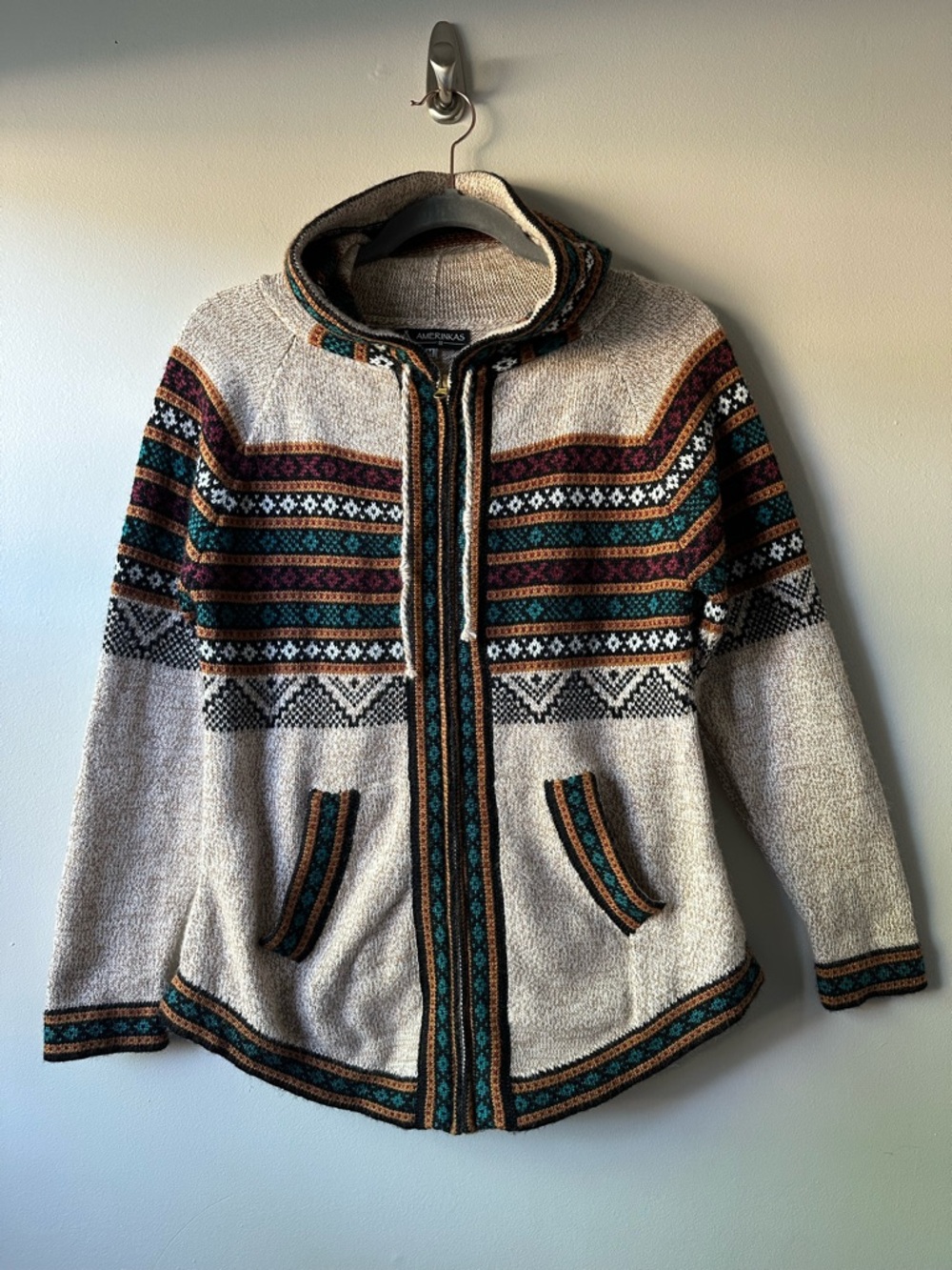 Amerinkas Full Zip Southwestern Pattern Wool Blend Sweater Size M Beachy Boho